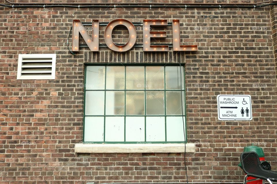 Noel sign, vintage window distillery district