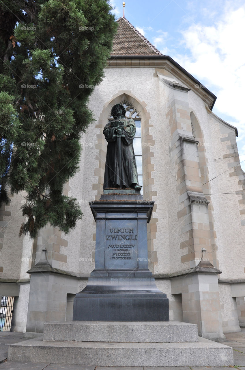 Ulrich zwingli statue in downtown city square