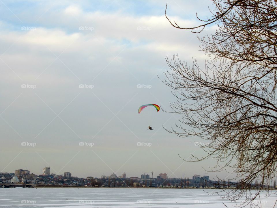 paraglider in flight, winter fun, Russia, Voronezh