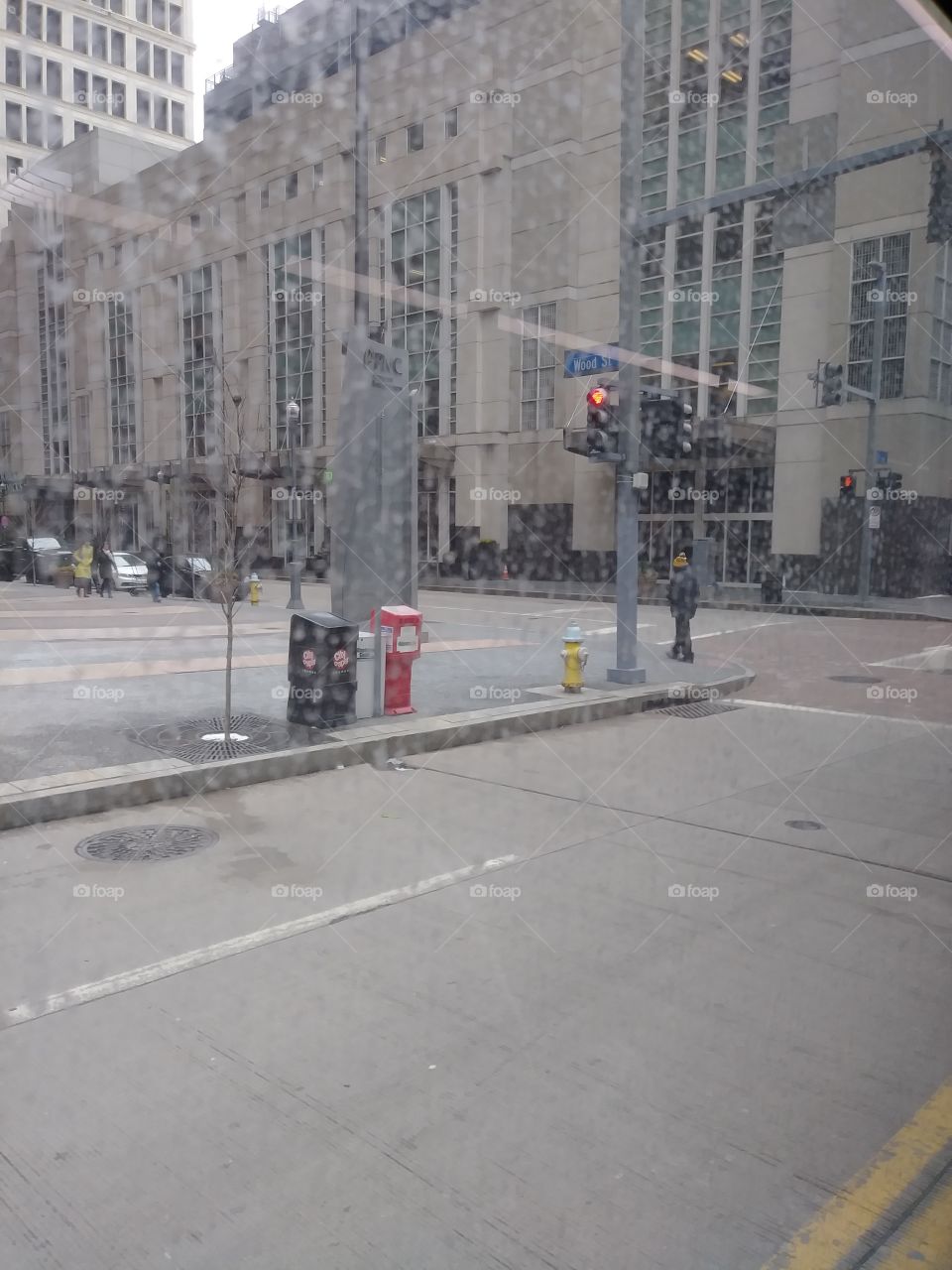 "Downtown Pittsburgh a view from the bus window."