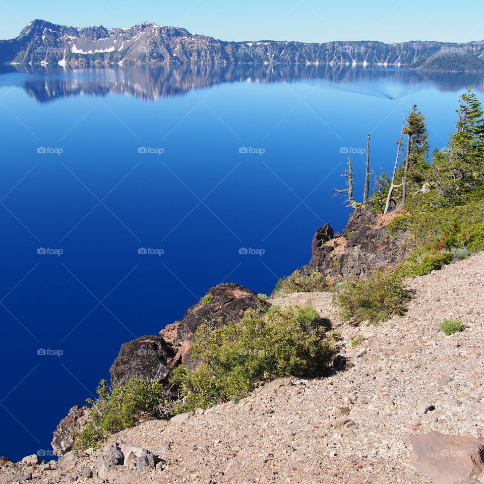 The rugged tree covered slopes of the rim of Crater Lake in Southern Oregon on a sunny and clear summer morning. 