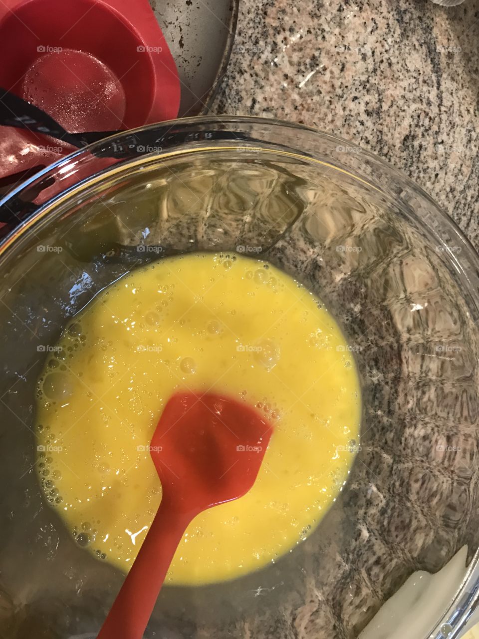 Bowl with scrambled egg mixture