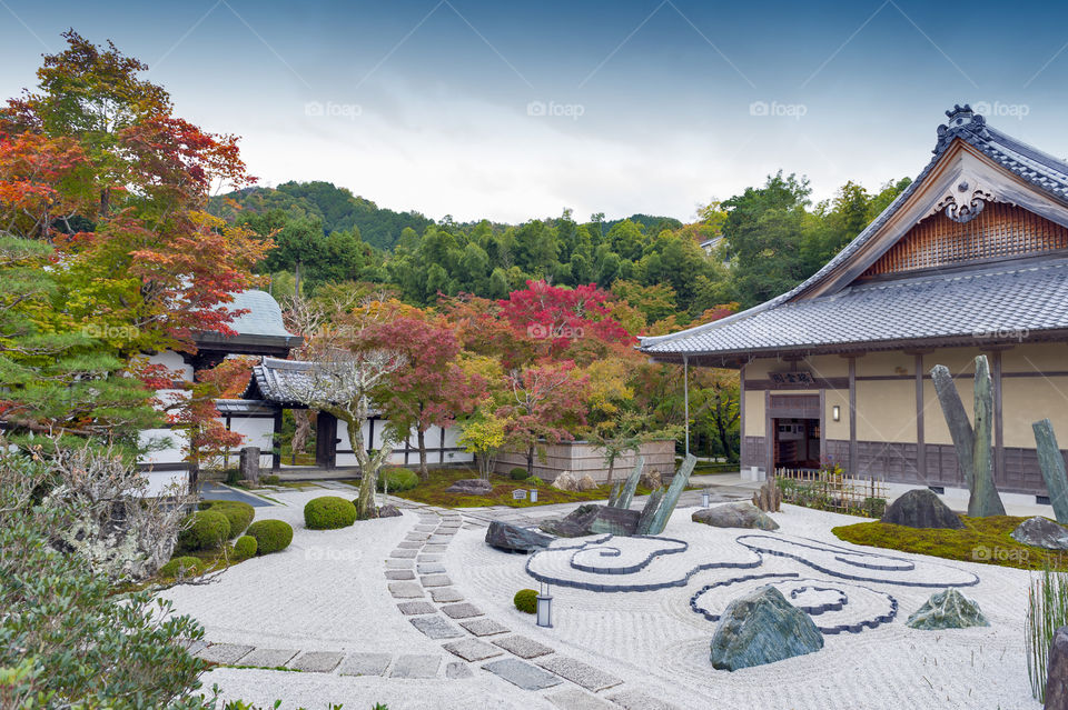 Japanese zen garden during autumn at Enkoji temple in Kyoto, Japan