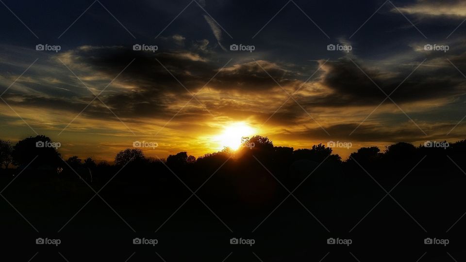 Sunset over the trees with clouds in the sky