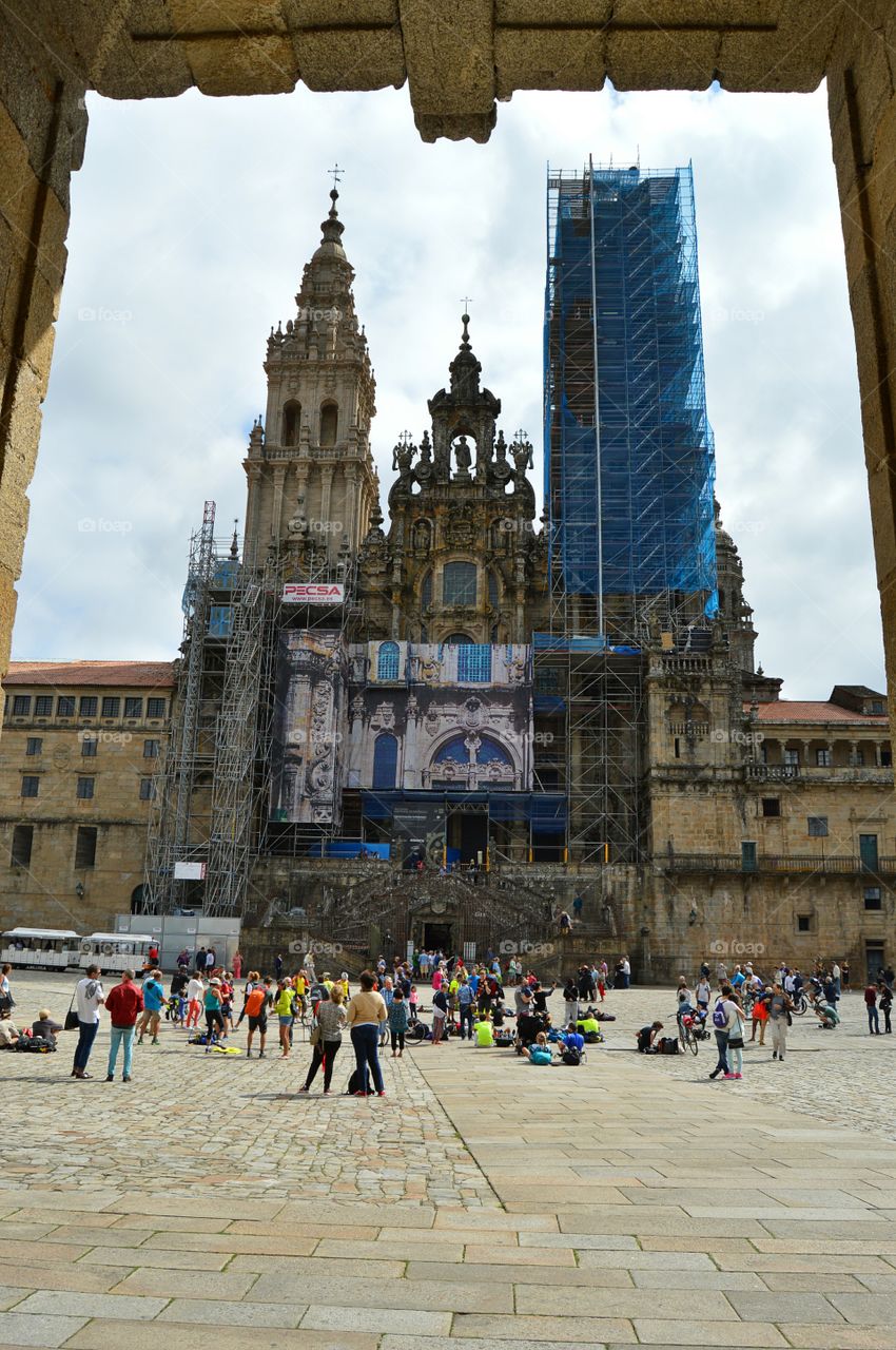 View of Santiago de Compostela cathedral and Obradoiro Square from Raxoi Palace, Galicia, Spain.