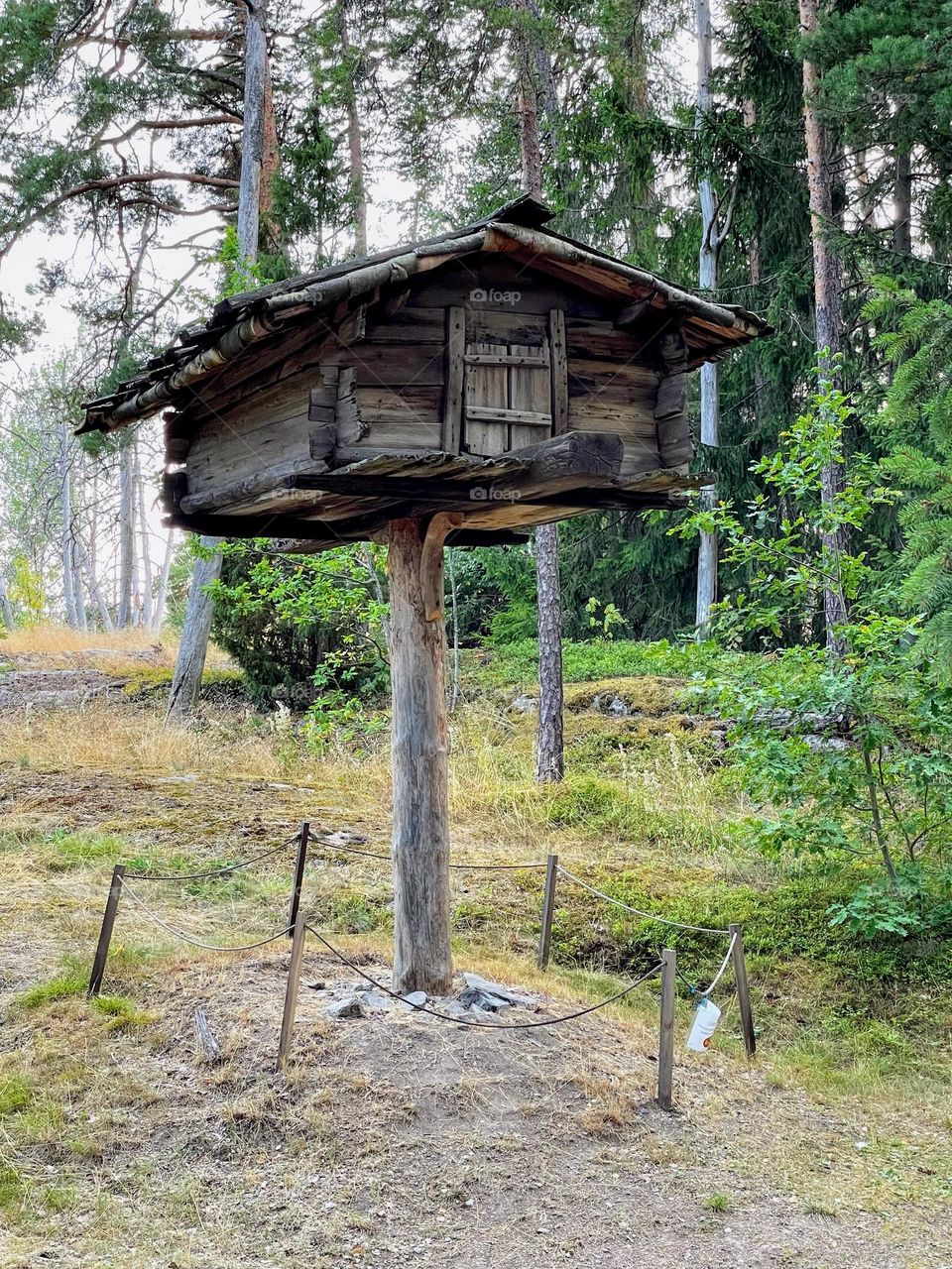 Finnish old wooden food cache on the Seurasaari museum island in Helsinki, Finland 