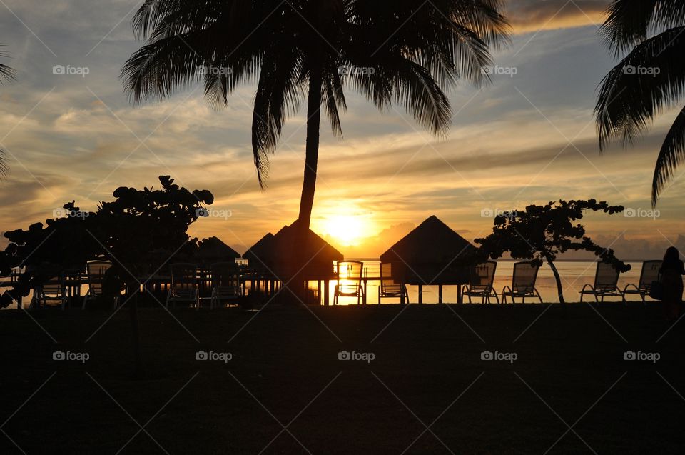 Sunset on Tahiti beach.