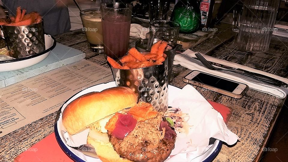 Jamaican Burger with Sweet Potatoe Fries