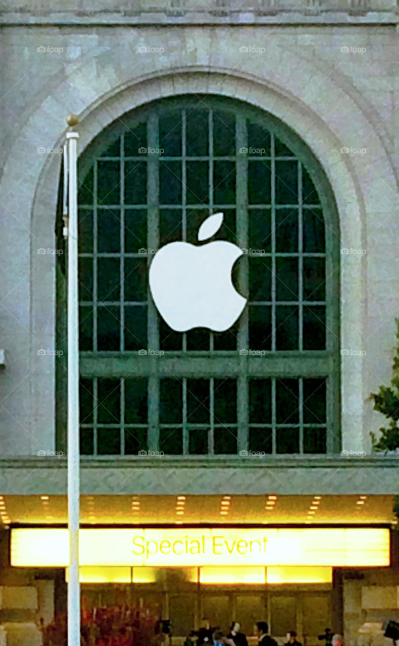 Apple Logo. September 9, 2015 San Francisco, California - The Apple logo Bill Graham Civic Auditorium for the Apple iPhone event.