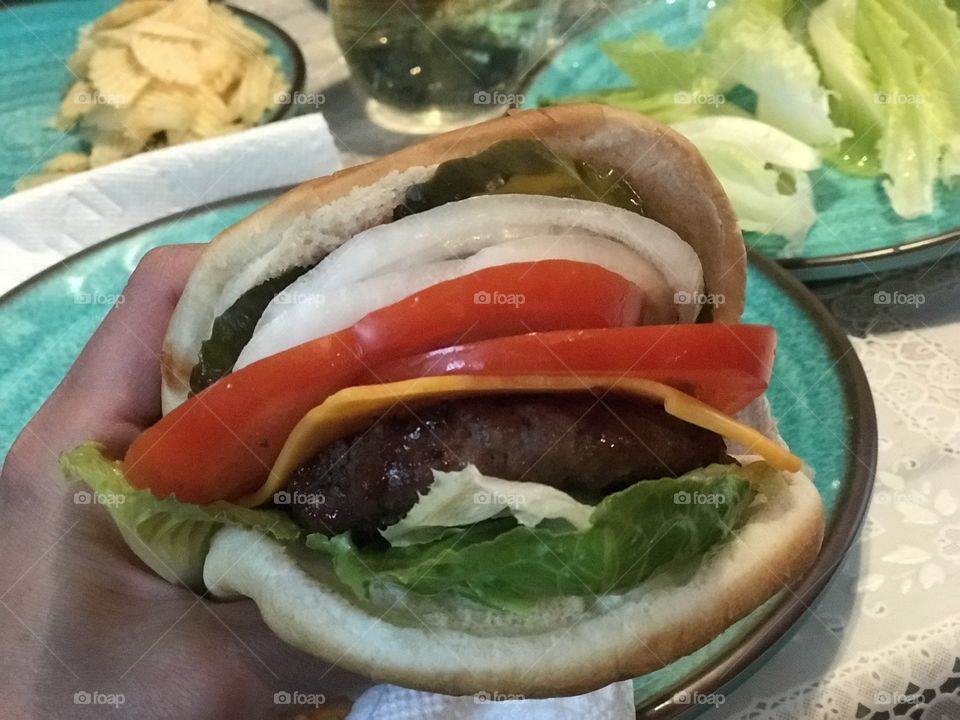 Hamburger while camping. 