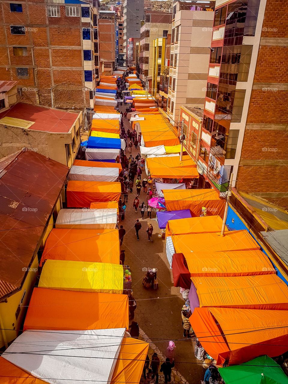 Colorful tents of a street market in Bolivia