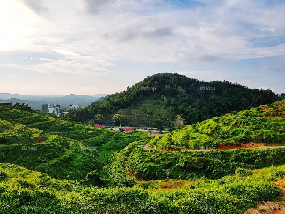 Scenic view of farmland on hills