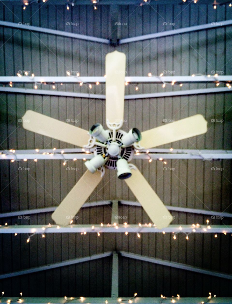 Looking Up In My Porch. Favorite family hang out. 3-seasons porch with twinkle lights in the rafters. 