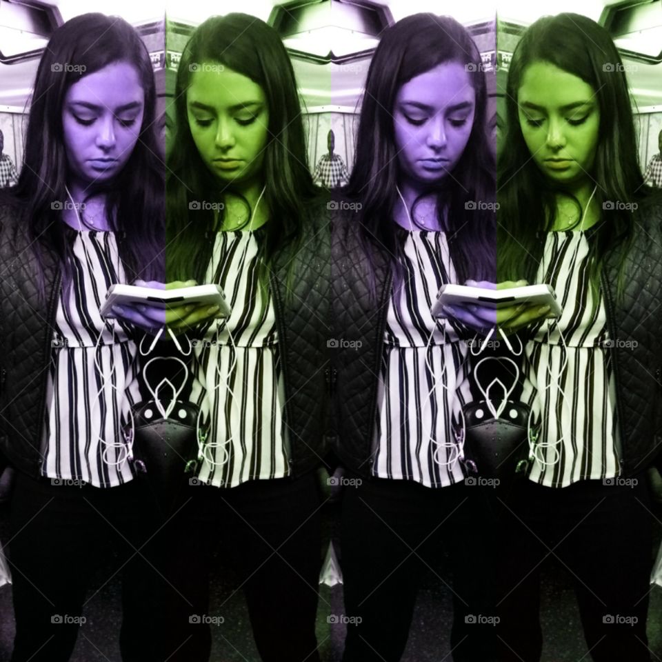 Girl Riding Subway in NYC Looking at her Phone. Photo Collage.