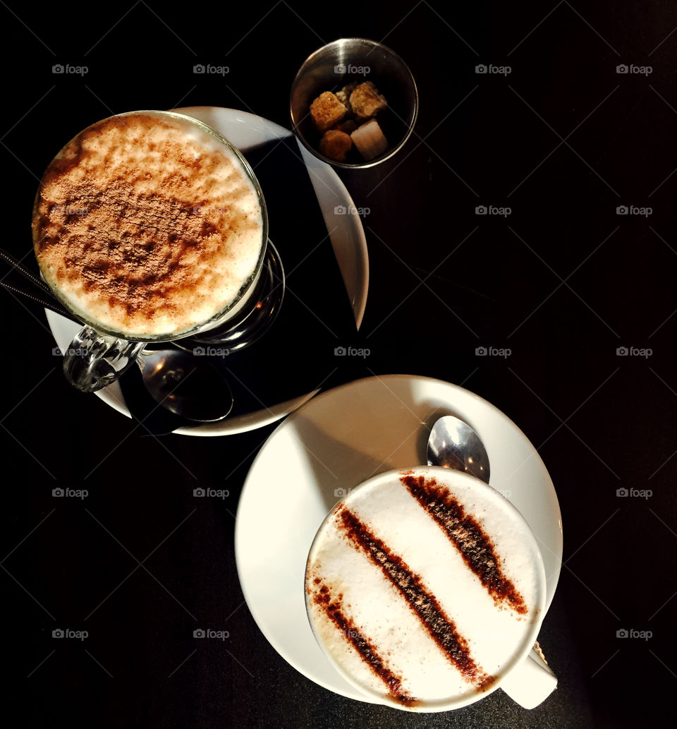 Coffee And Cappuccino, Cappuccinos And Lattes, Sugar Cubes, Cafe Portrait 