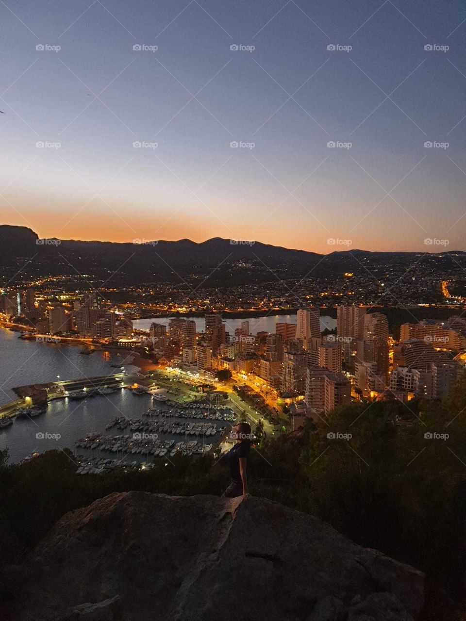 City#night#sea#view#lights#sunset#port#rock#mountains