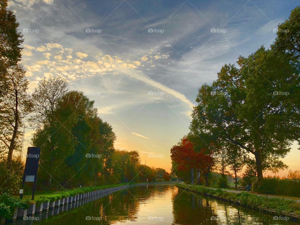 A blue sky with white strokes at sunset reflected in the water of a canal or river surrounded by green grass and trees.