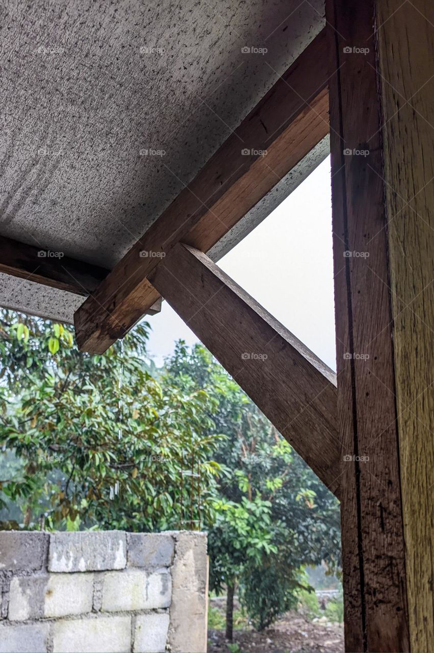 House canopy with wood and zinc elements with tree background in eye level view