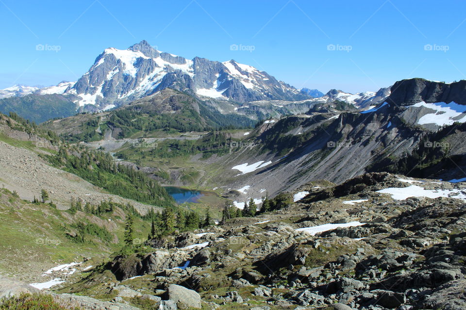 The beautiful view of the mountains and lake from the 8 mile hike near Mt. Baker 