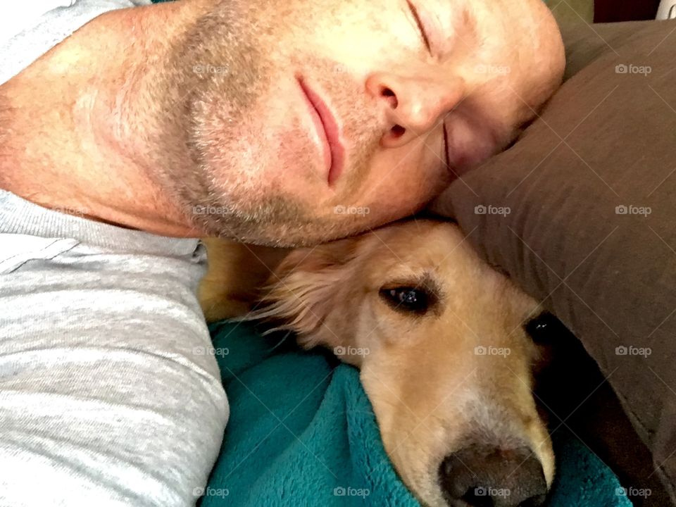 Man sleeping on dog at bed