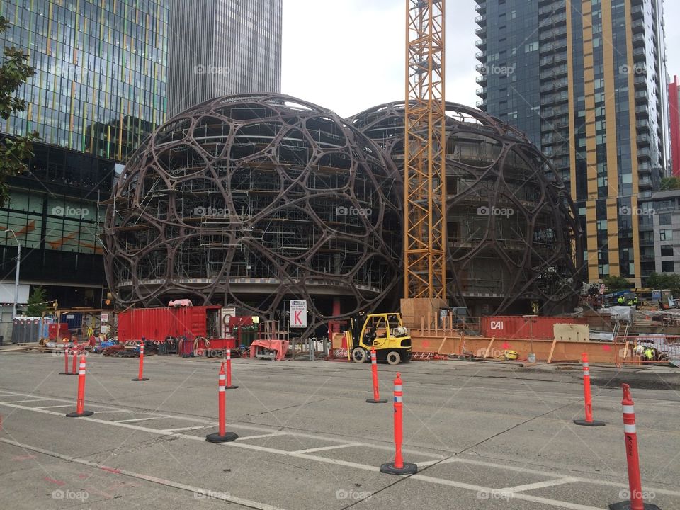 Spherical outlines of future buildings to come in downtown Seattle.