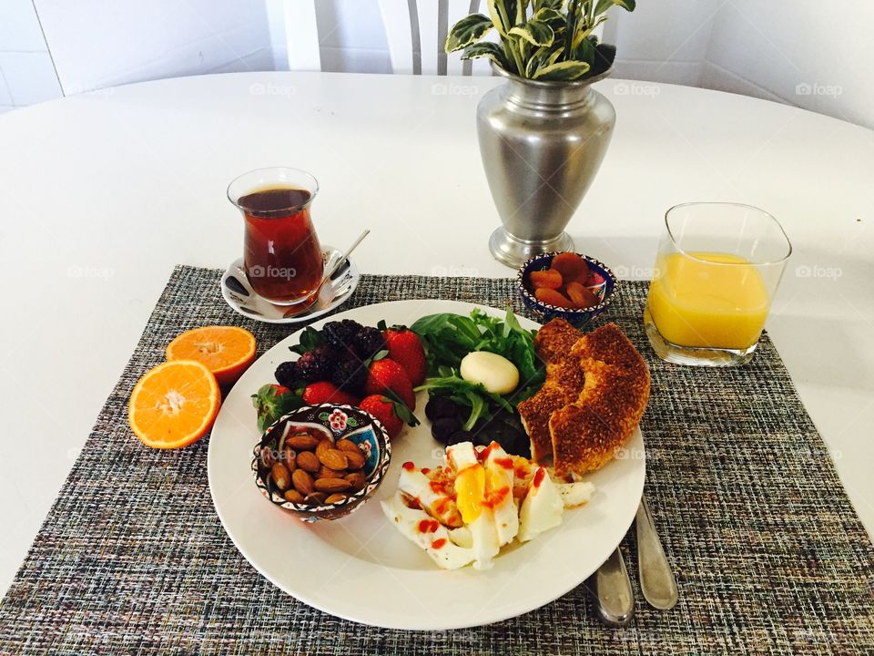 Fruits and drink in breakfast
