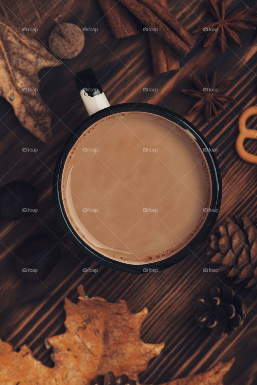 metal coffee mug,  top view. rustic style