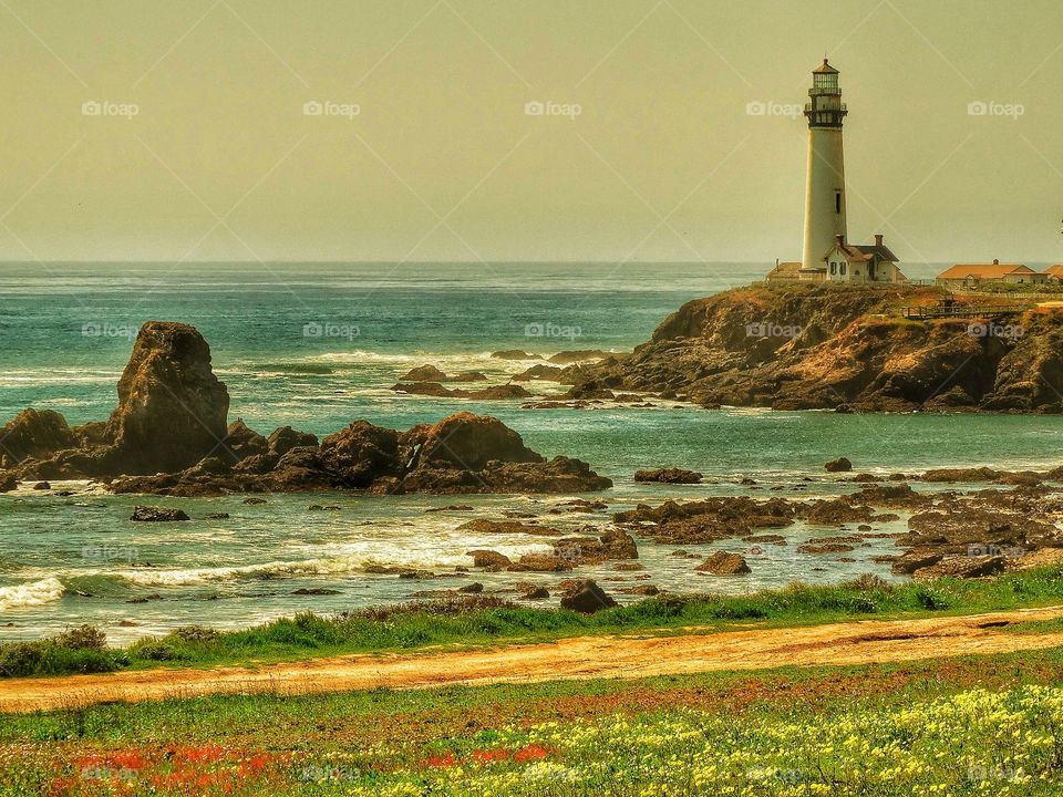 Lighthouse At Golden Hour. California Lighthouse On A Rocky Coast During The Golden Hour
