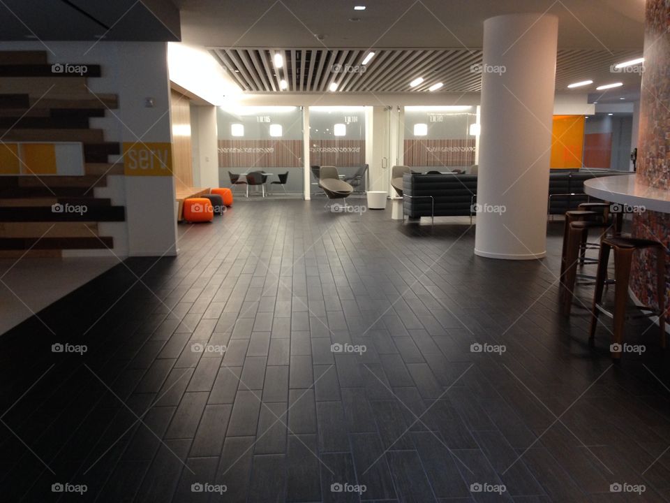 Modern office building interior.