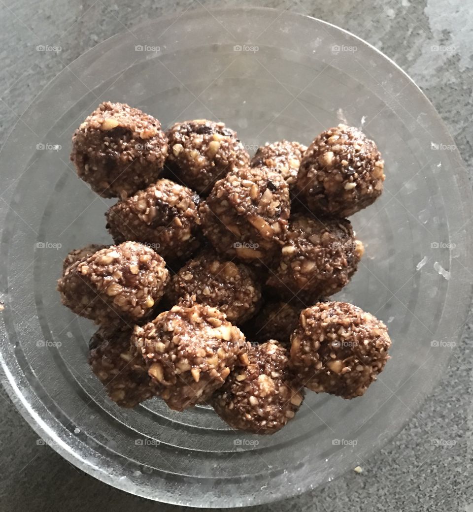 Homemade chocolate oatmeal balls with nuts