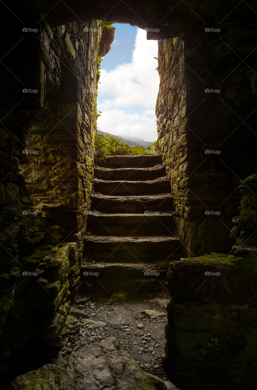 Old staircase with doorway. Moss on the stones walls. Love the rectangle and square shapes in this image.
