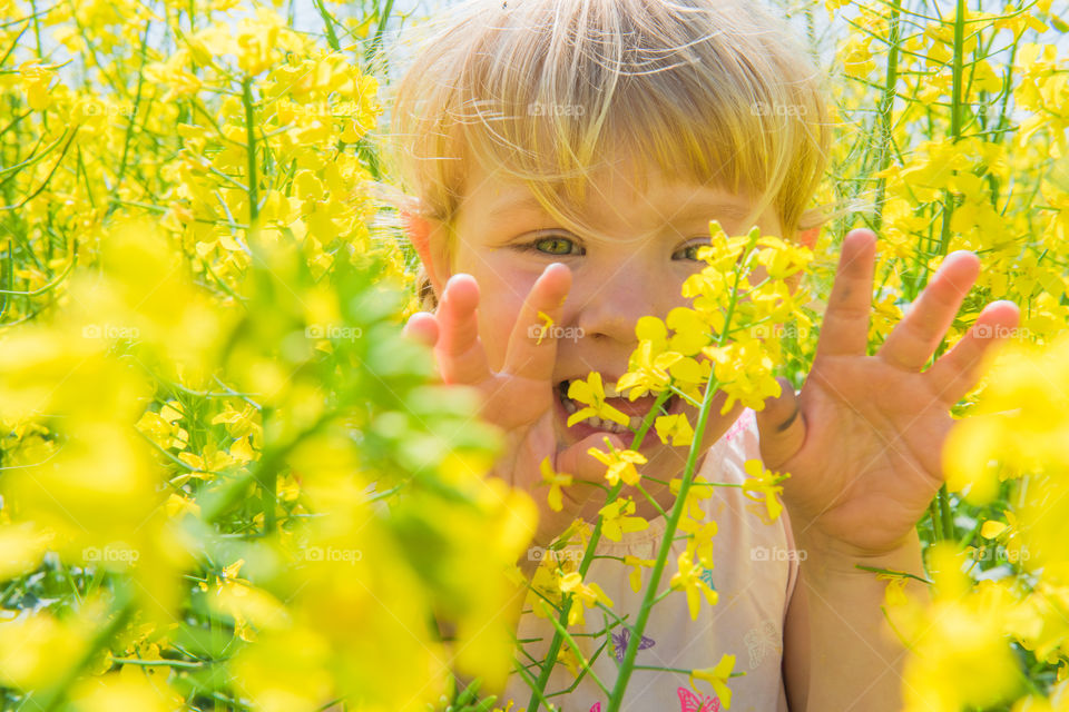 Close-up of a kid in yellow flower field