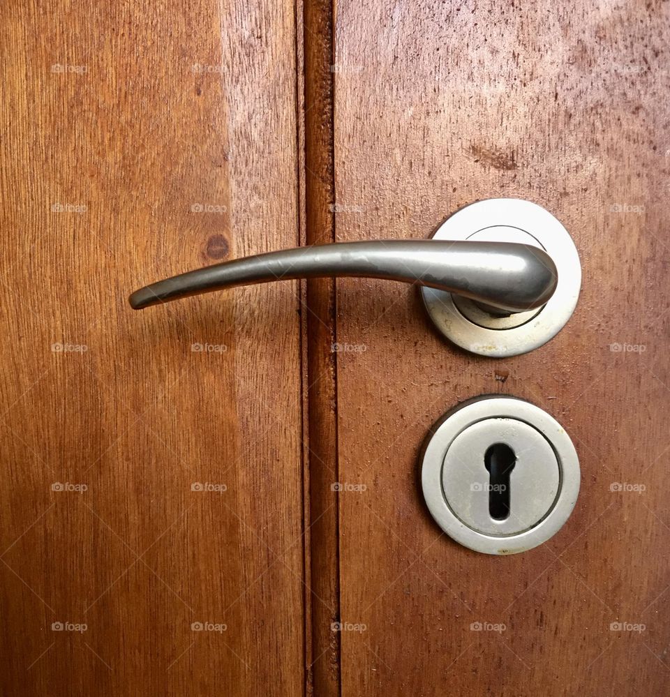 Metal door handle on a wooden door. 