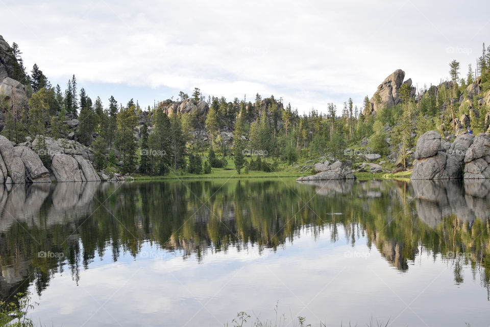 Reflection of sky and trees in lake 