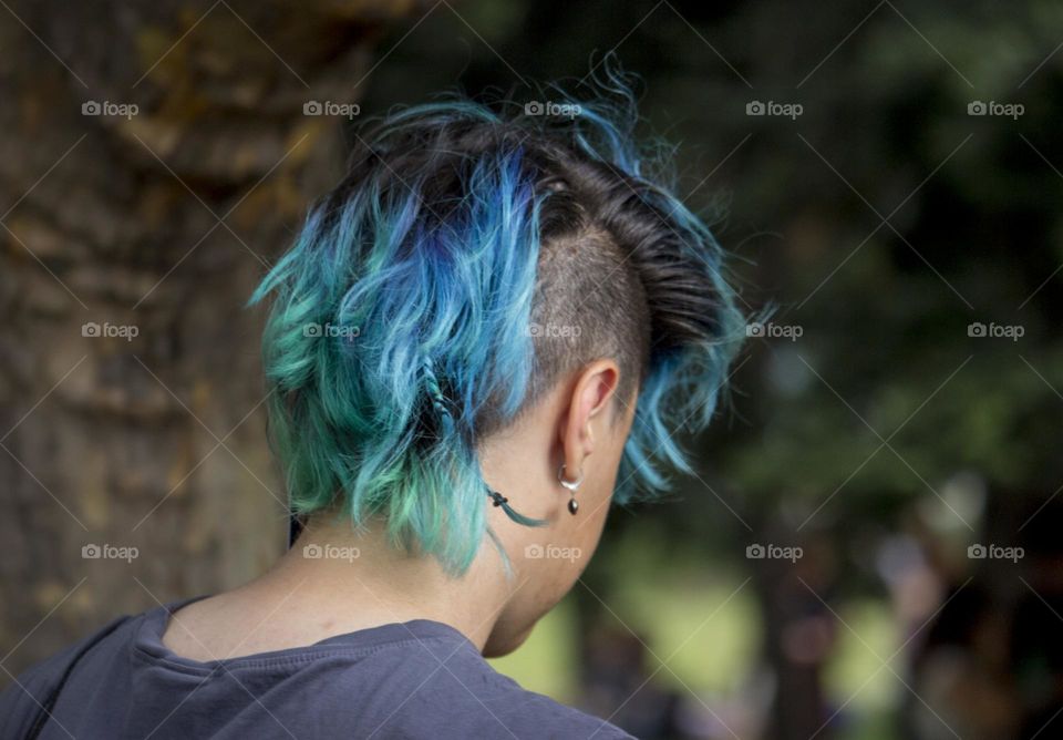 City street fashion, blue hair