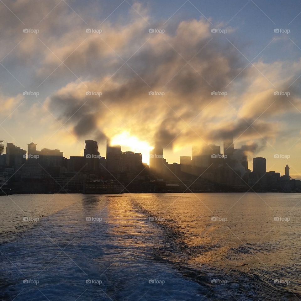 Seattle at sunrise in a rainstorm