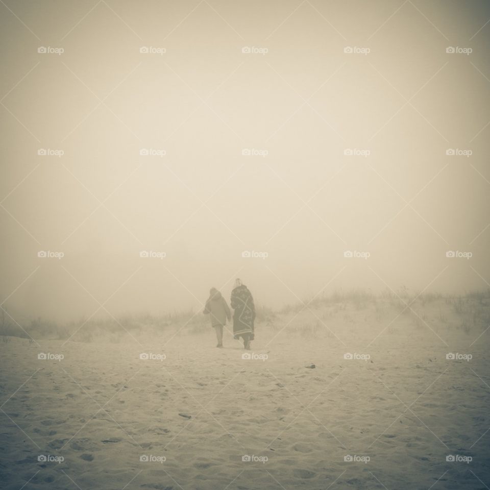 Mother And Daughter Walking On The Beach, East Hamptons Beach Walk, Monochrome Mother And Daughter Portrait, Dramatic Landscape 