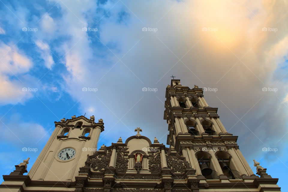 Classic cathedral church. Catedral de Monterrey. Facade, old,