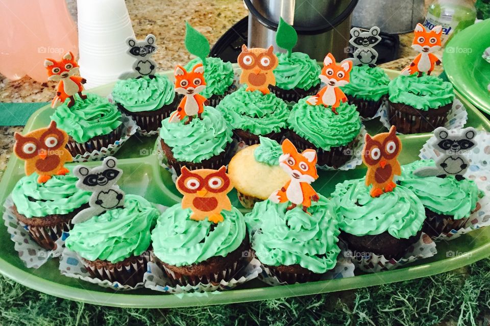 Green frosting cupcakes with owls on them at birthday party. 