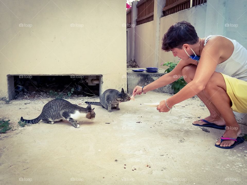 Woman with cats during eating 