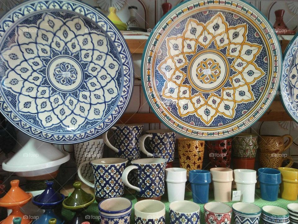 Beautiful traditional product of pottery at essaouira city in Morocco.