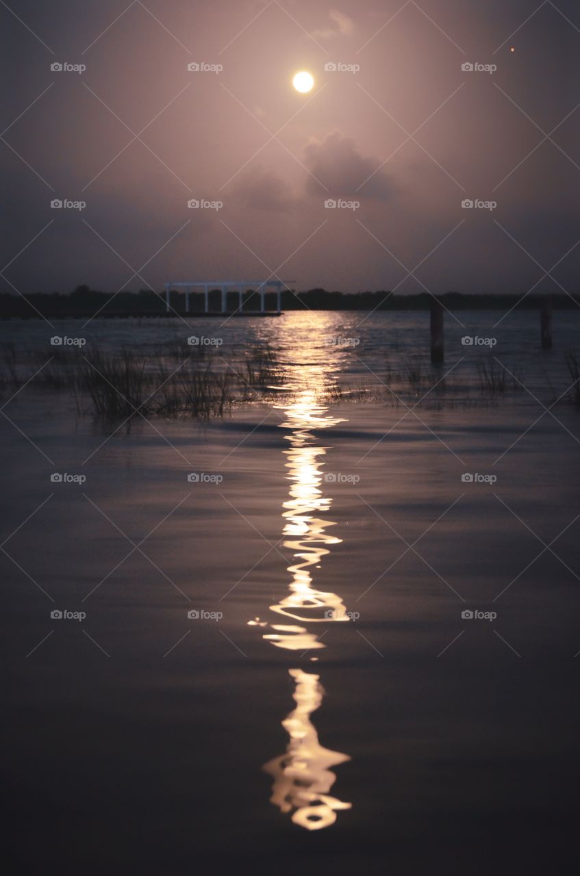 A perfect night by the lake with the moon reflecting in the water