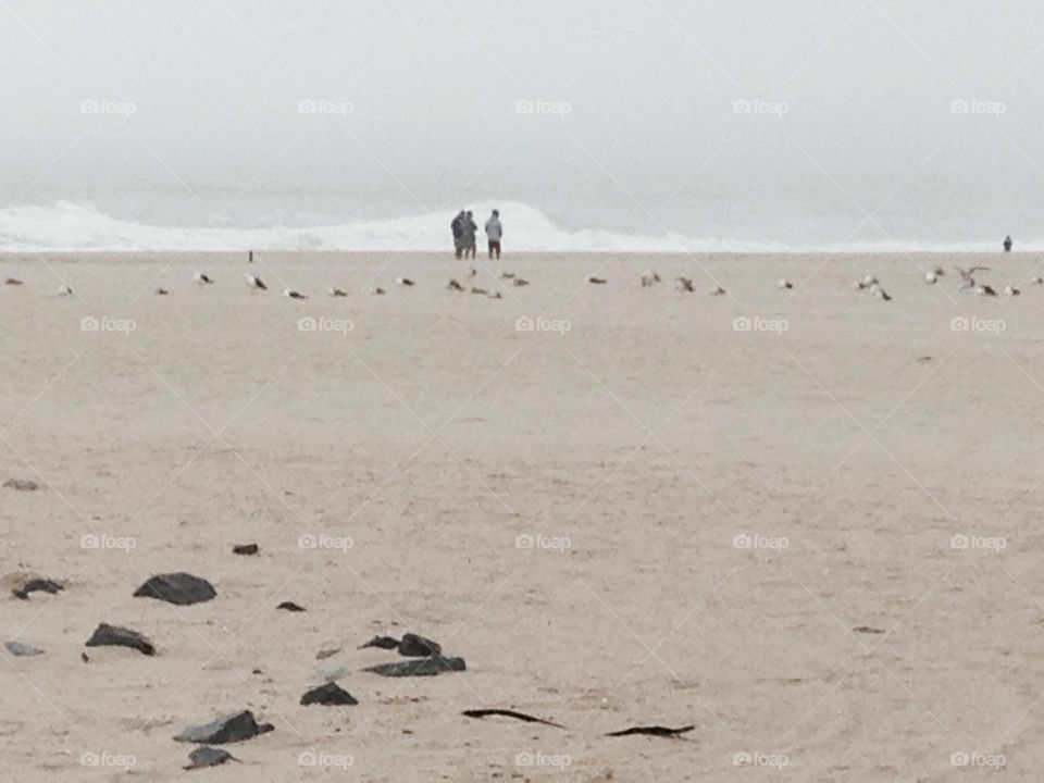 People walking on the beach along the shoreline framed by a wave. Seagulls occupy a strip of sand, and rocks are in the foreground. This was taken early in the morning on one of the quieter beaches on the Point Pleasant Beach boardwalk. 