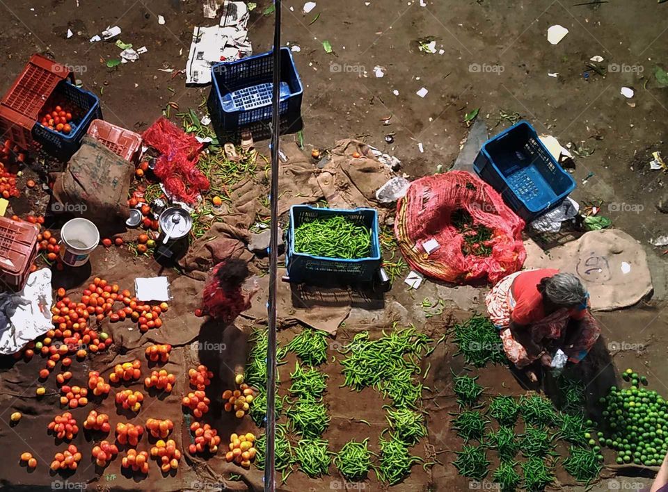 An aerial view of a vegetable seller in Mumbai India in year 2019