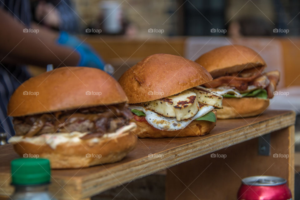 Close-up of variety of burgers