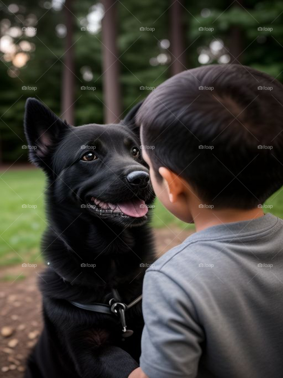 A child with his black dog