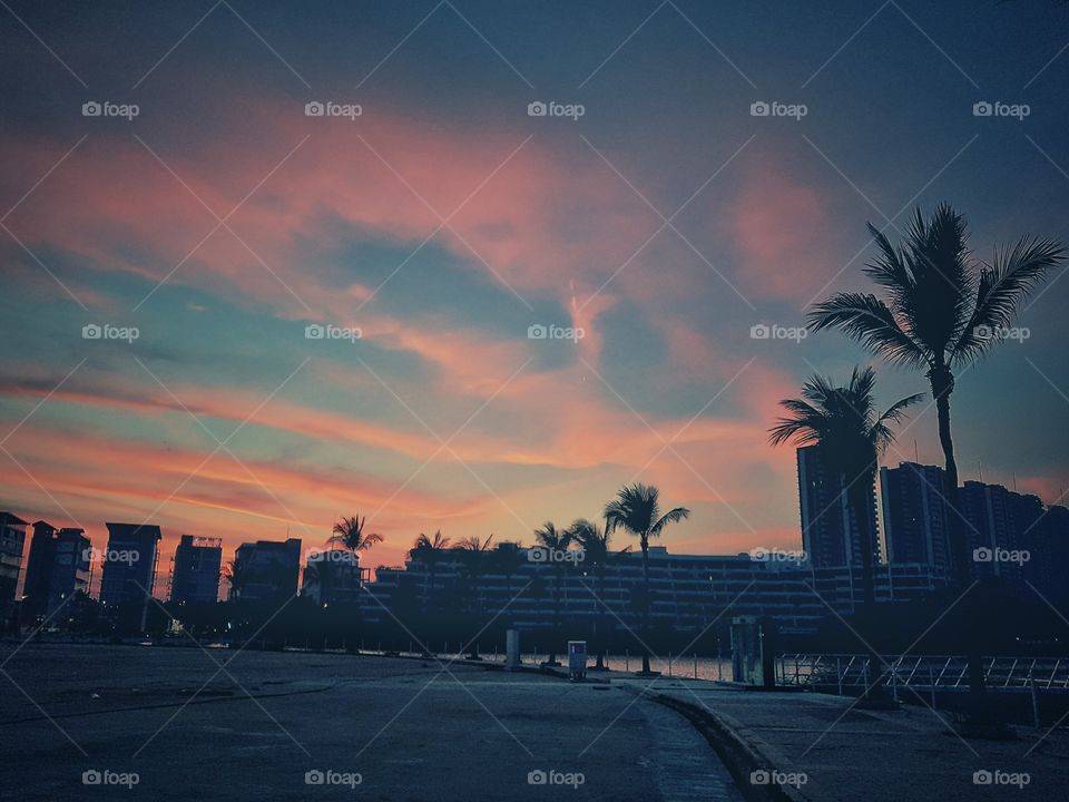 beautiful windy pink and blue sky over the city skyscrapers