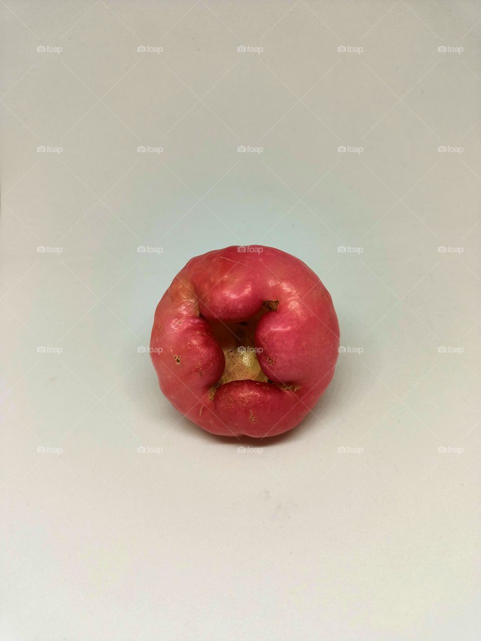 Close up of wax apple isolated on white background. Selective focus, underexposed, blurry, low light, too soft