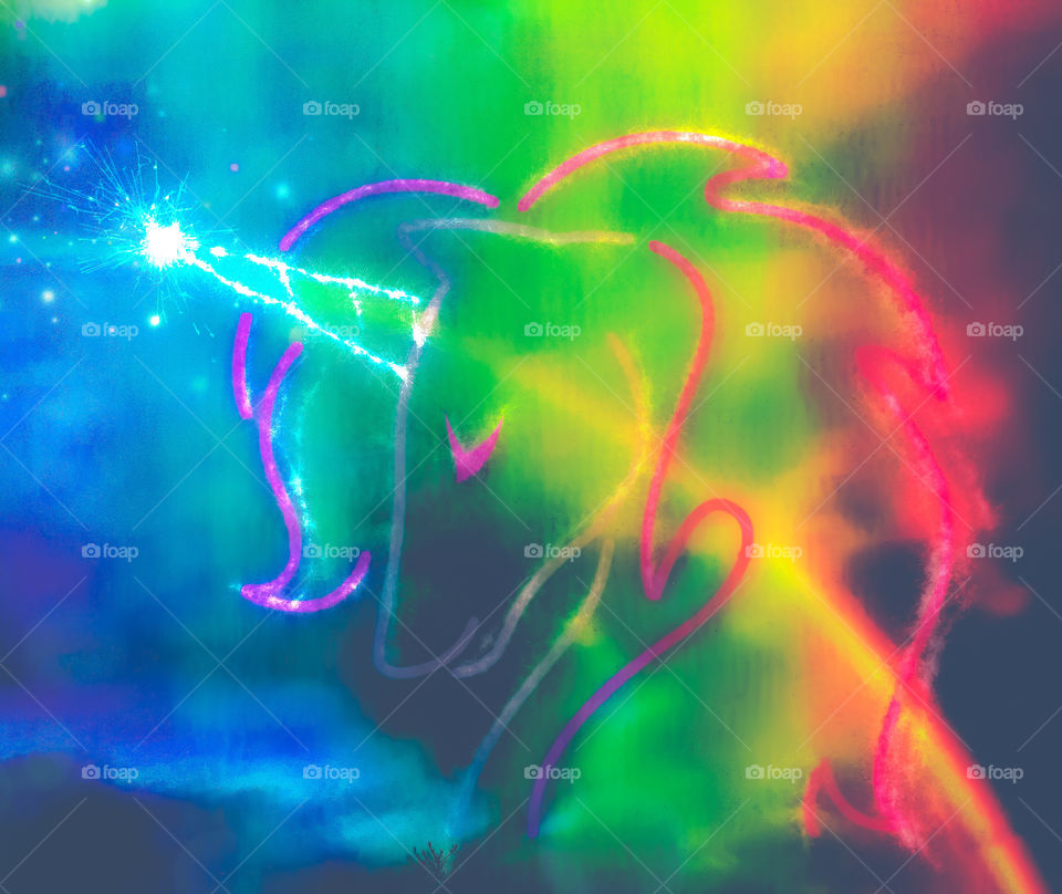 Graphic image created from a photograph of a rainbow with unicorn and coloured filter added