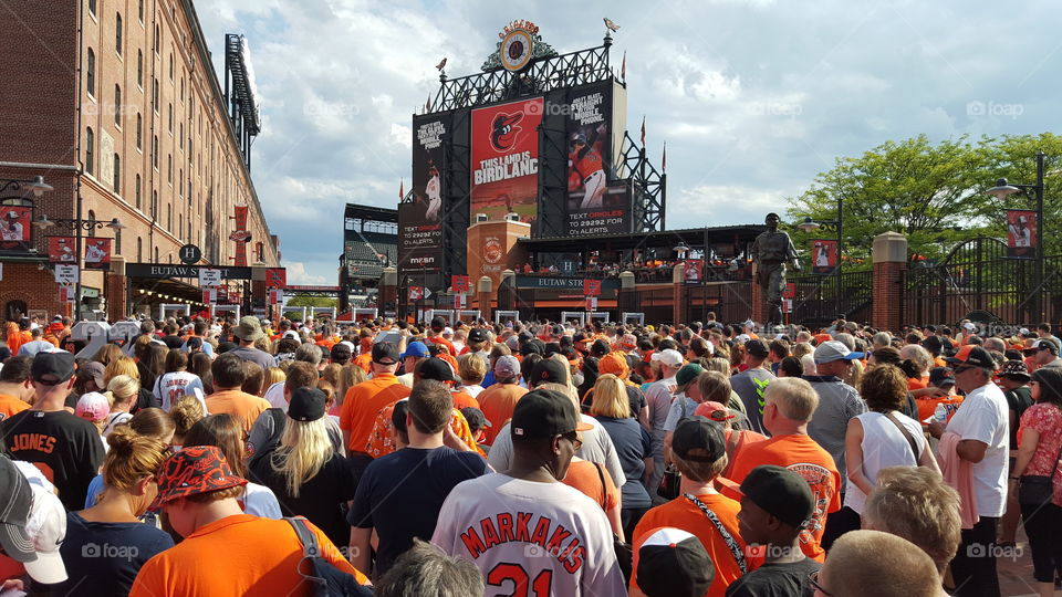 Long lines at the yard. waiting for Orioles bird bobblehead at the stadium.